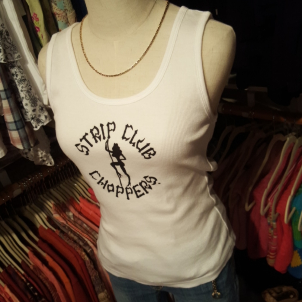 ANVIL ♡ Sweet 'n Sexy White with Black Verbiage "Strip Club Choppers" Tank Top M